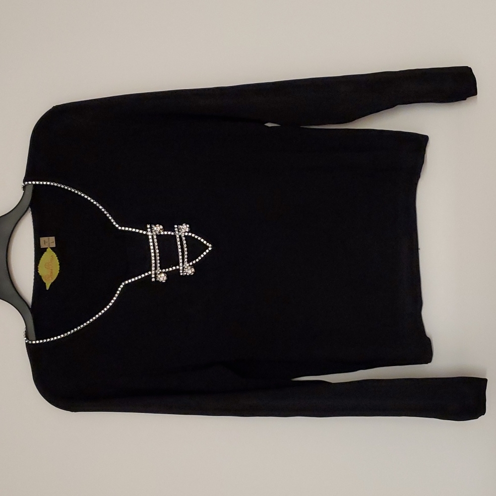 Black rhinestone embellished long sleeve top neck detail cozy slinky feel Lrg.